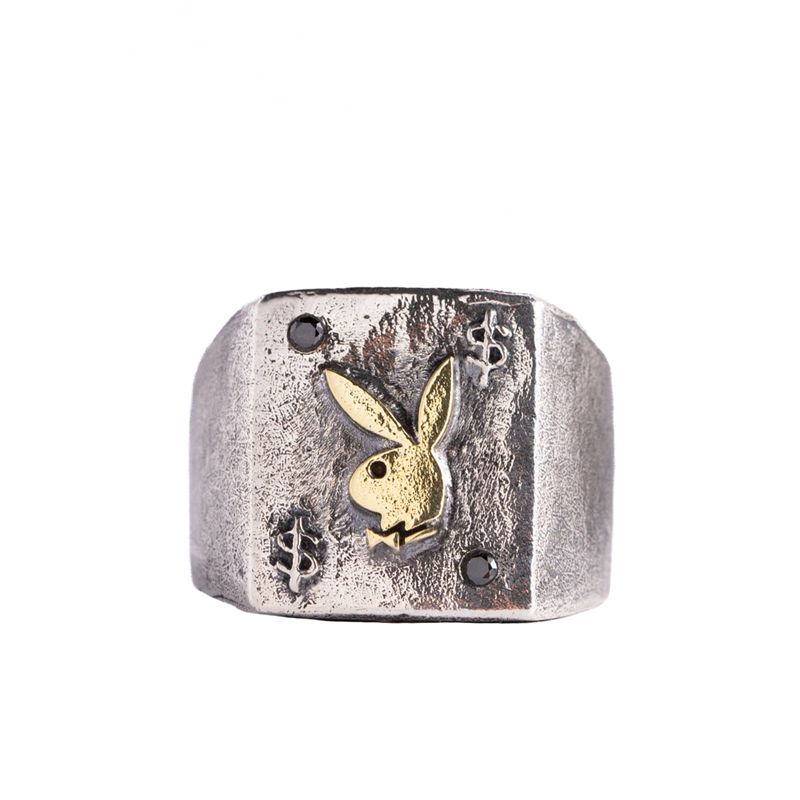 Bijuterii Barbati Playboy Rabbit Head Ring With Onyx Stones Metal | LOKD-90763