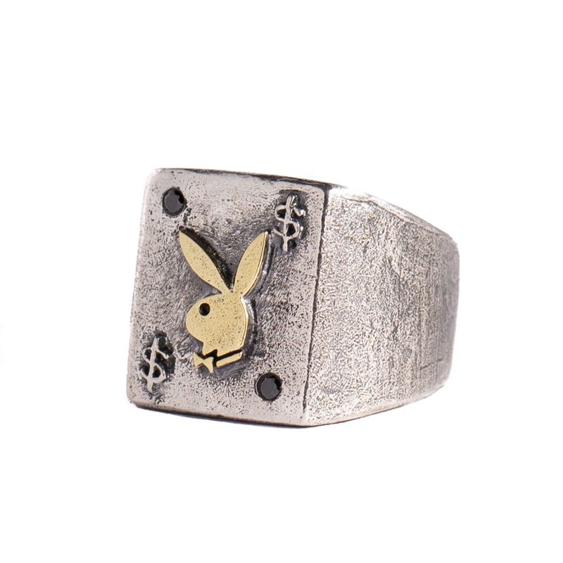 Bijuterii Barbati Playboy Rabbit Head Ring With Onyx Stones Metal | LOKD-90763