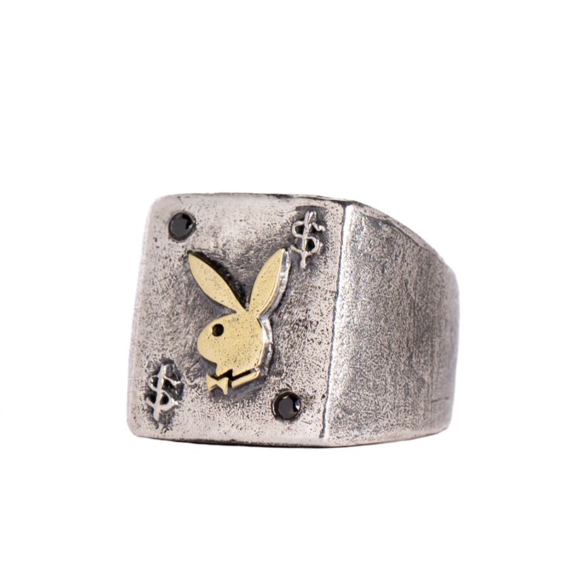 Bijuterii Barbati Playboy Rabbit Head Ring With Onyx Stones Metal | LOKD-90763