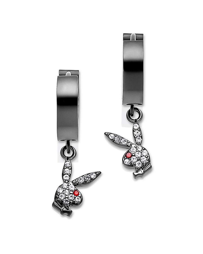 Bijuterii Dama Playboy Bunny Huggie Hoop And Dangling Charm Earring Negrii | HTOB-30178