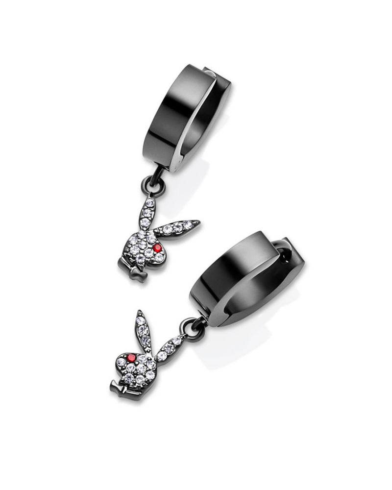 Bijuterii Dama Playboy Bunny Huggie Hoop And Dangling Charm Earring Negrii | HTOB-30178