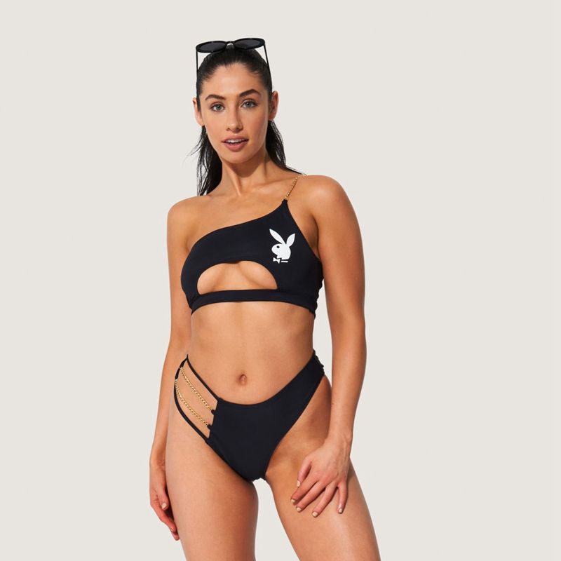 Costume De Baie Dama Playboy One Shoulder Cut Out Chain Bikini Negrii | GJBW-40875