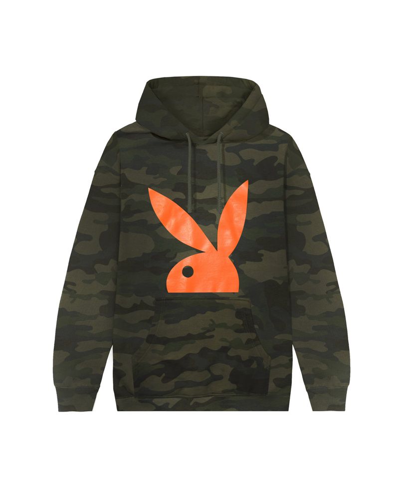 Hanorac Cu Gluga Barbati Playboy Camo Rabbit Head Negrii | PYNK-59031