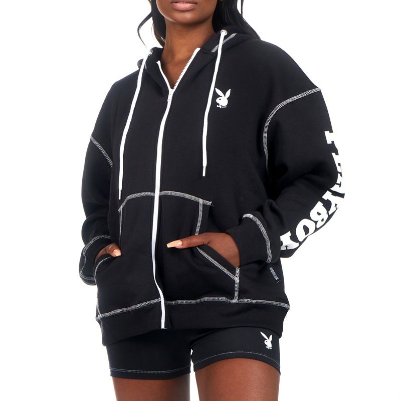 Hanorac Cu Gluga Dama Playboy Active Zip Through Negrii | GJNR-49576