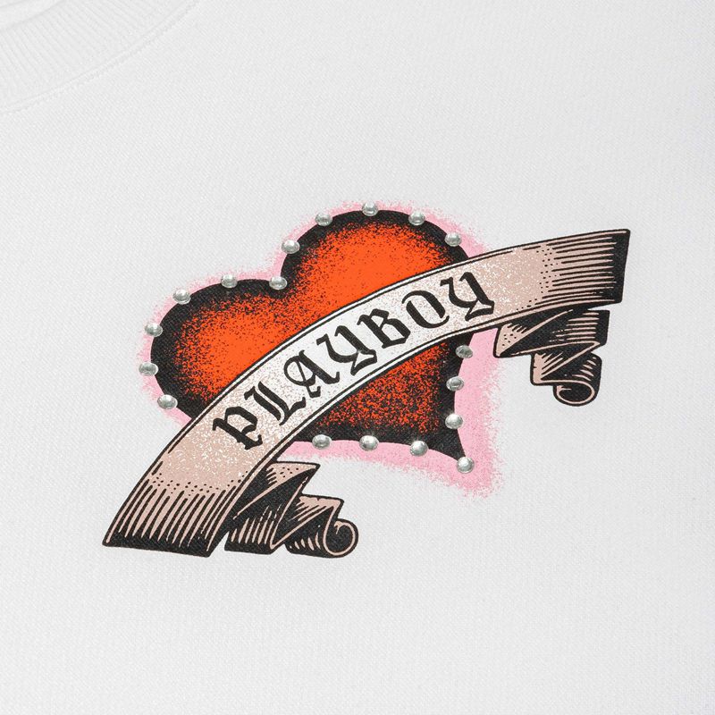 Hanorac Cu Gluga Dama Playboy Heartbreaker Crewneck Albi | PWSF-13289