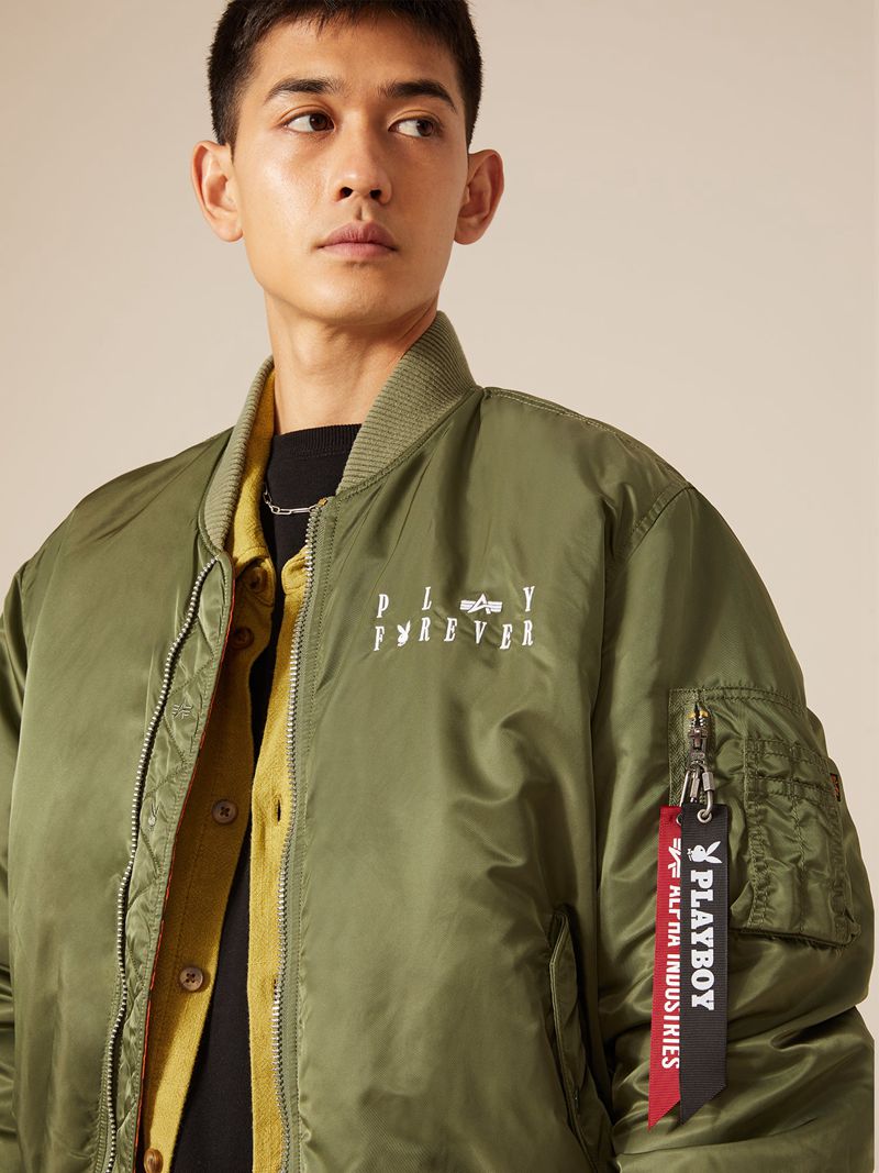 Jacheta Barbati Playboy X Alpha Industries Reversible Ma-1 Flight Jacket Masline Verzi | JLDI-46819