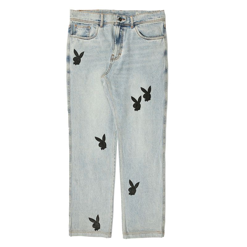 Pantaloni Barbati Playboy X Pleasures Bunny Applique Denim Gri | JTHK-08413