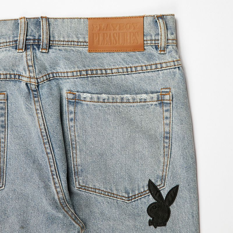 Pantaloni Barbati Playboy X Pleasures Bunny Applique Denim Gri | JTHK-08413