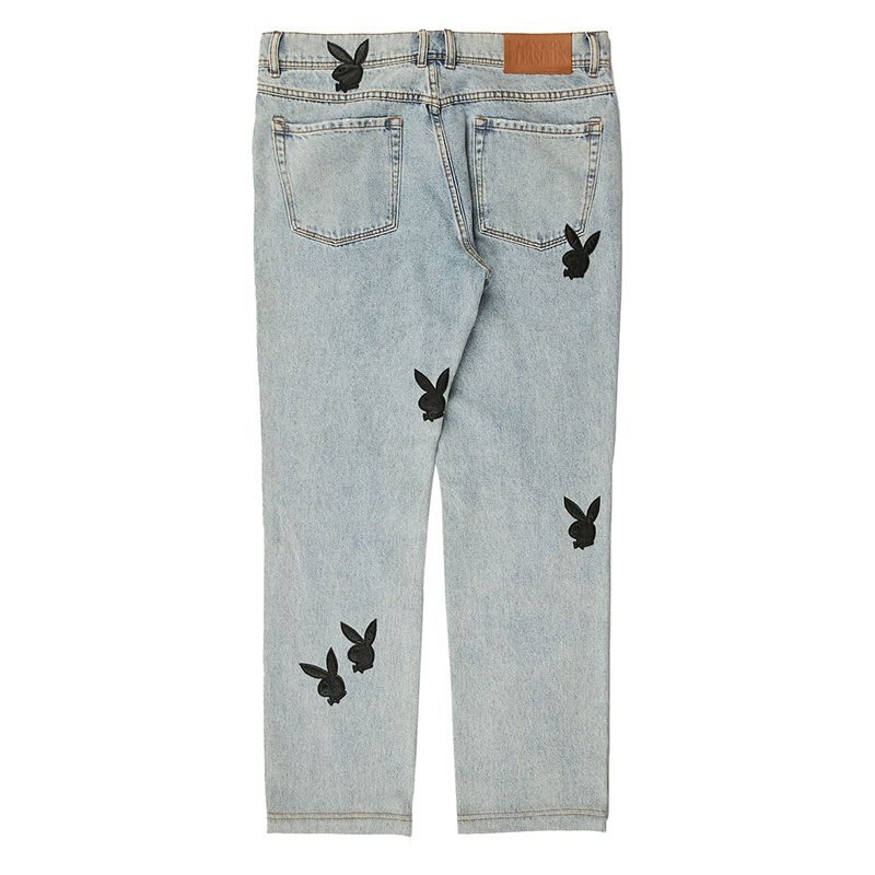 Pantaloni Barbati Playboy X Pleasures Bunny Applique Denim Gri | JTHK-08413