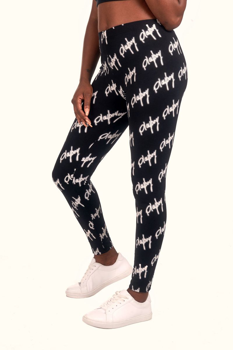 Pantaloni Dama Playboy Graffiti Script Legging Negrii Albi | OWZK-54723