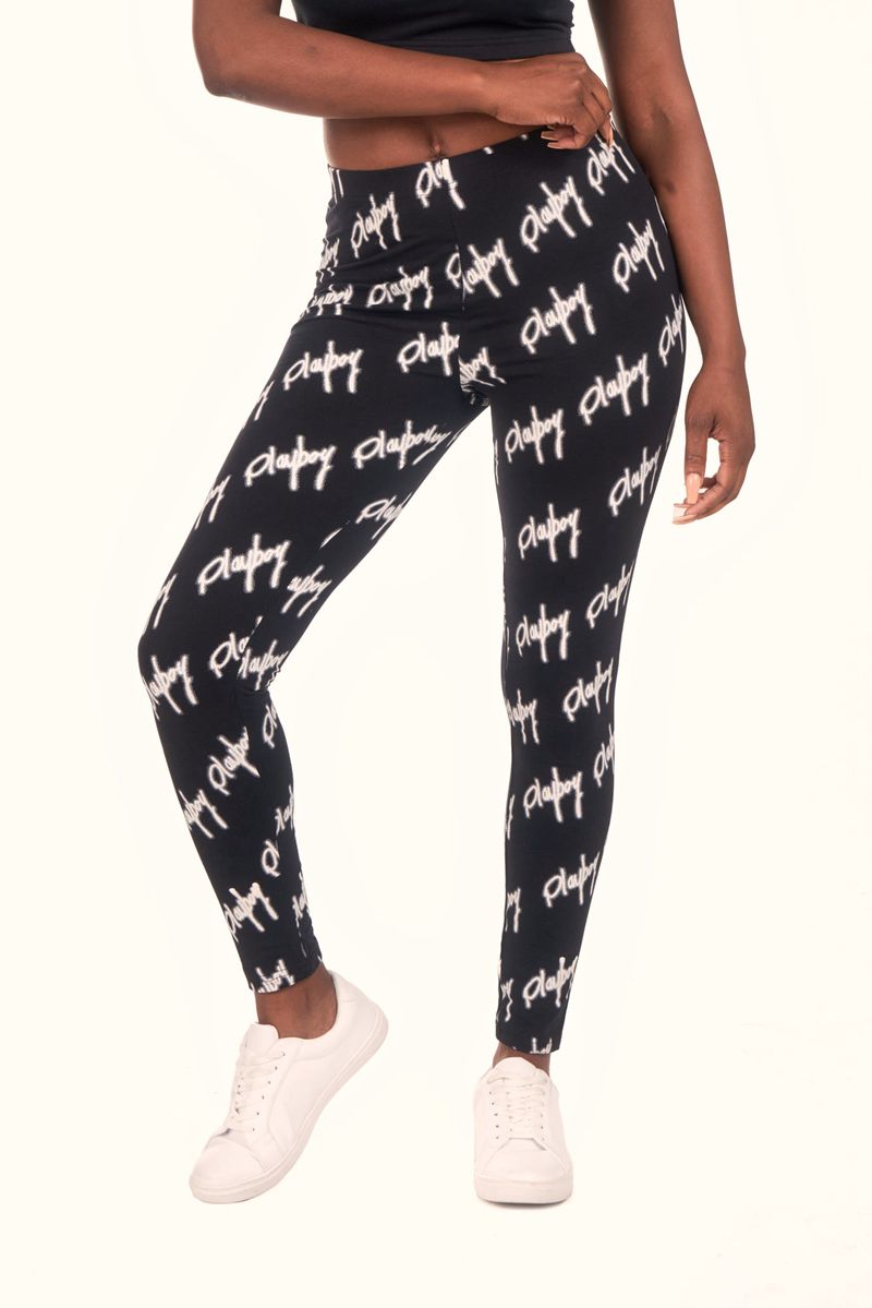 Pantaloni Dama Playboy Graffiti Script Legging Negrii Albi | OWZK-54723