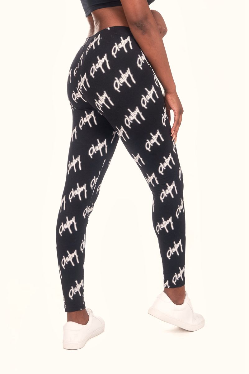 Pantaloni Dama Playboy Graffiti Script Legging Negrii Albi | OWZK-54723