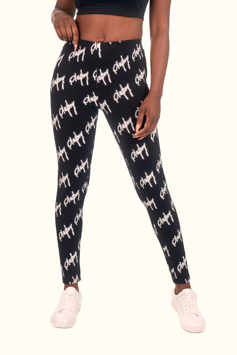 Pantaloni Dama Playboy Graffiti Script Legging Negrii Albi | OWZK-54723