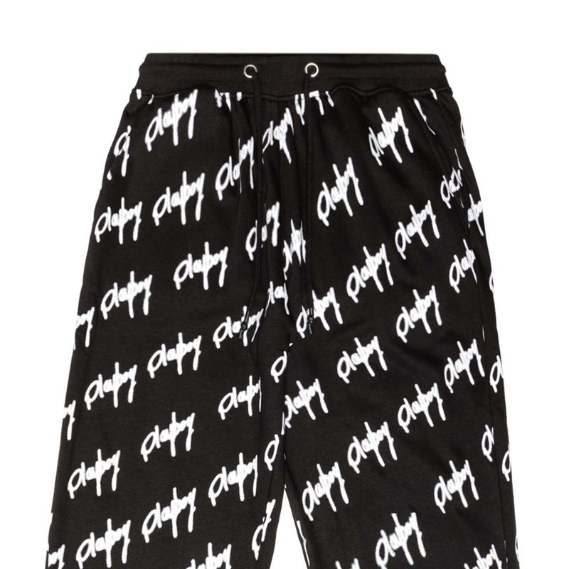 Pantaloni Dama Playboy Graffiti Script Oversized Joggers Negrii Albi | AJBN-04786