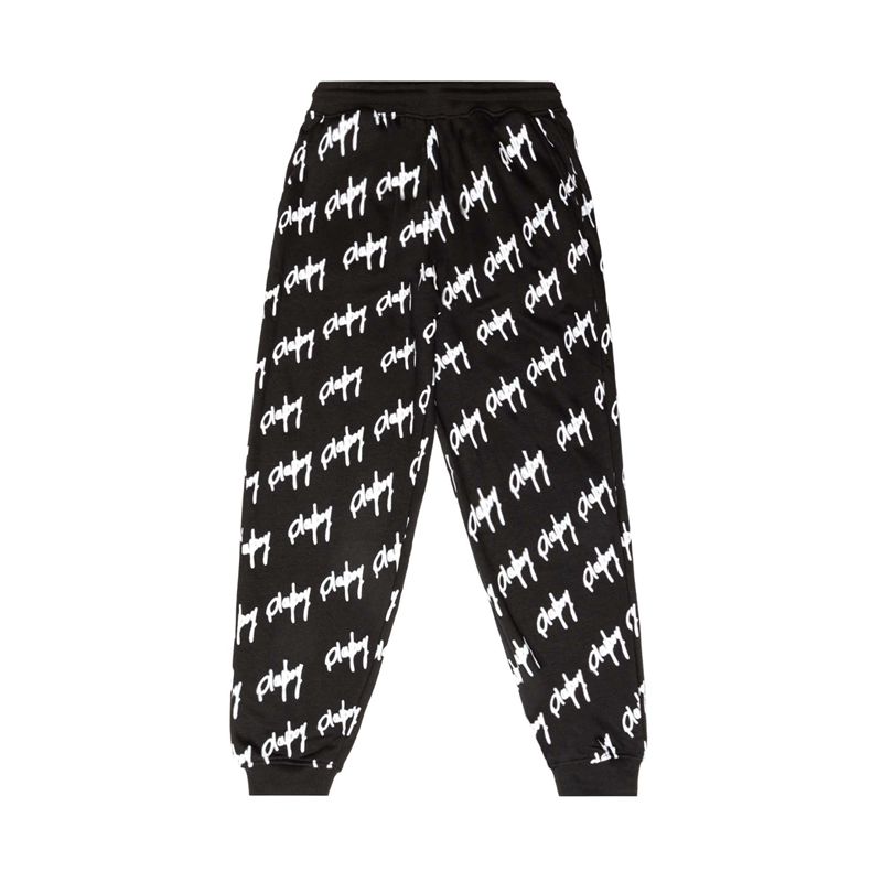 Pantaloni Dama Playboy Graffiti Script Oversized Joggers Negrii Albi | AJBN-04786