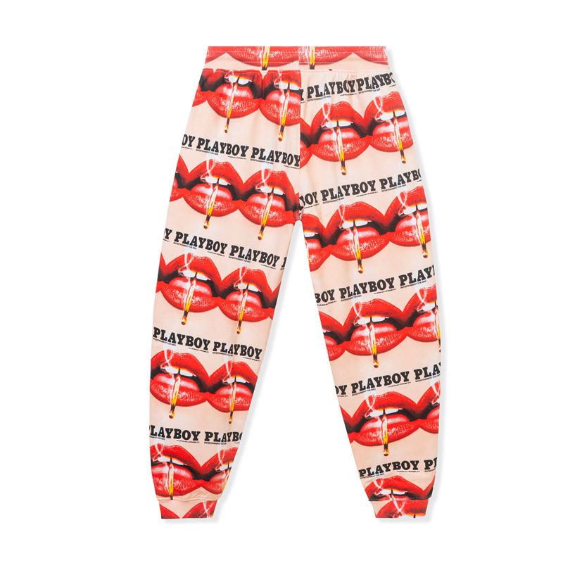 Pantaloni Dama Playboy Lips Print Oversized Jogger Rosii Portocalii | MDBJ-51928