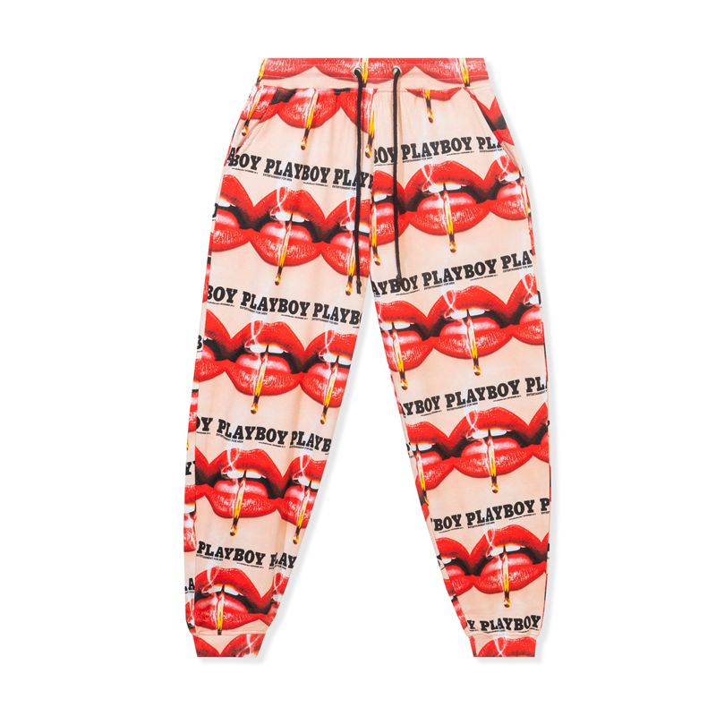 Pantaloni Dama Playboy Lips Print Oversized Jogger Rosii Portocalii | MDBJ-51928