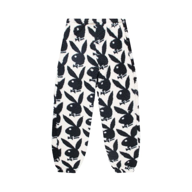 Pantaloni Dama Playboy Repeating Rabbit Head Sherpa Sweats Albi Negrii | UNQR-58643