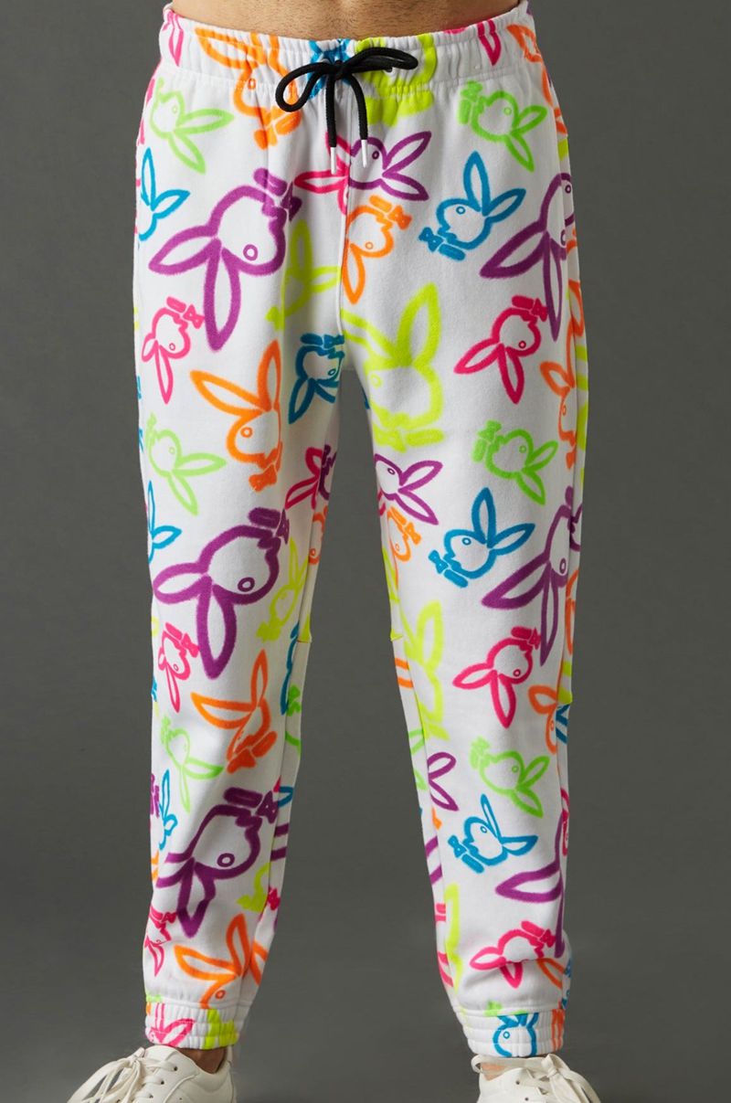 Pantaloni De Trening Barbati Playboy Neon Bunny Print Jogger Albi | UJOE-49352