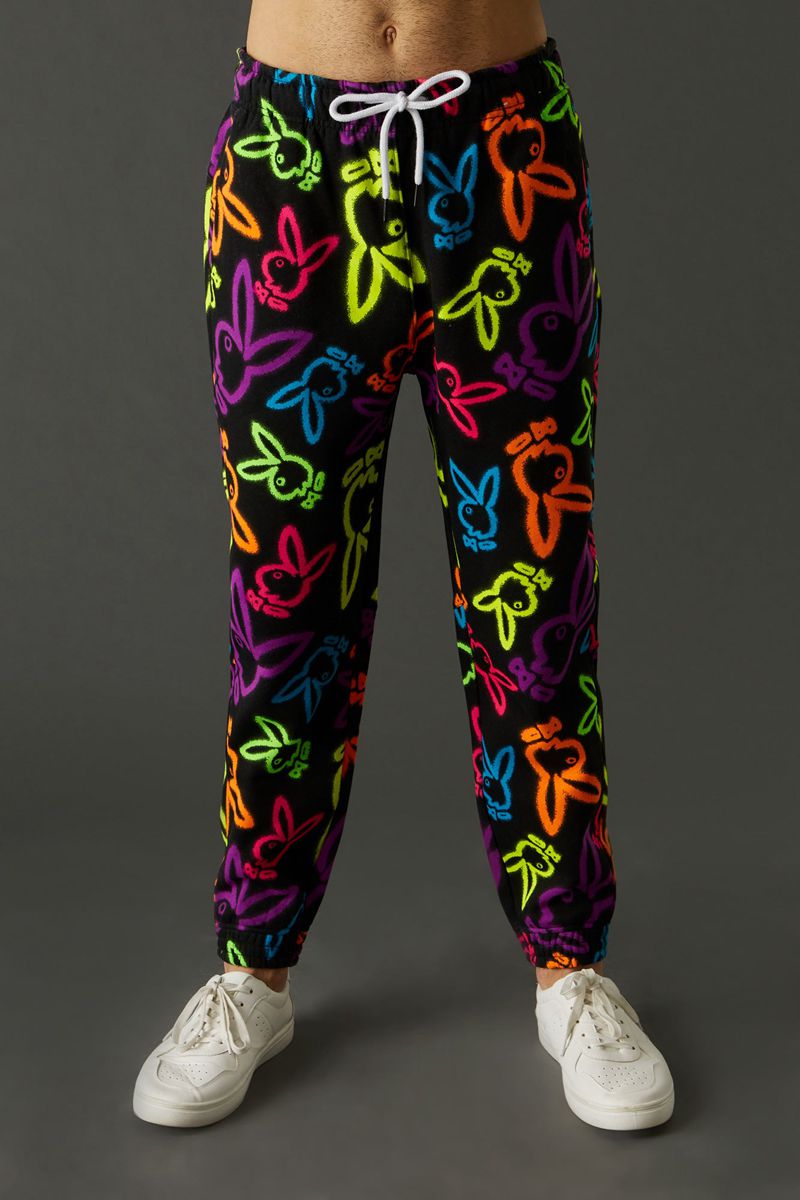 Pantaloni De Trening Barbati Playboy Neon Bunny Print Jogger Albi | UJOE-49352