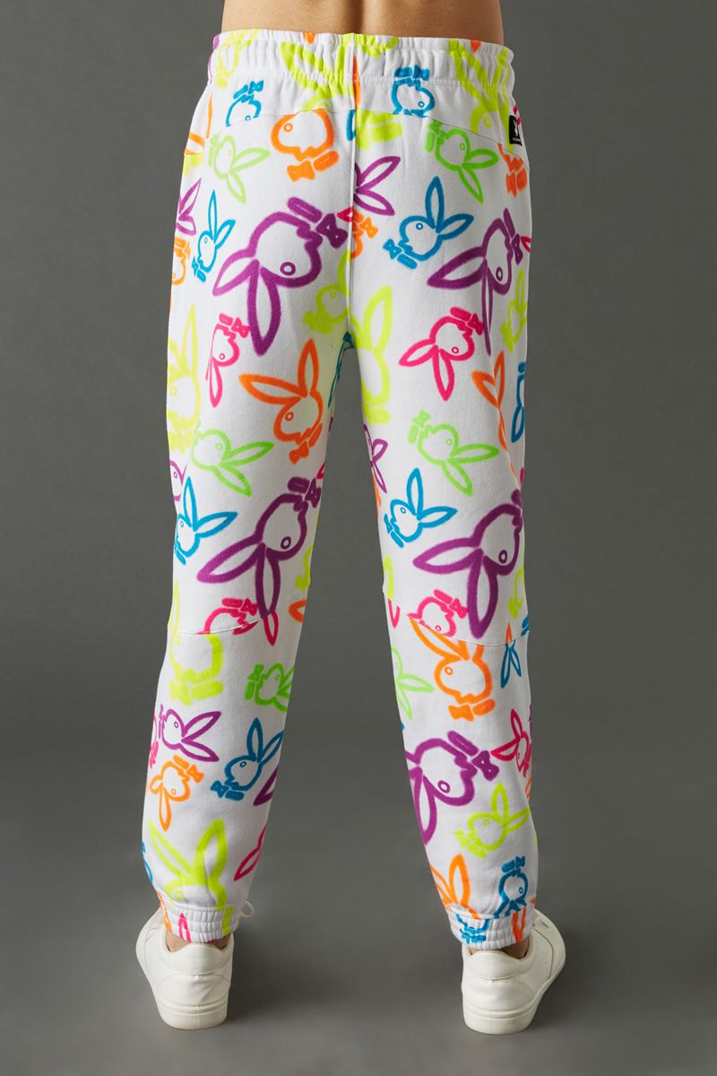 Pantaloni De Trening Barbati Playboy Neon Bunny Print Jogger Albi | UJOE-49352