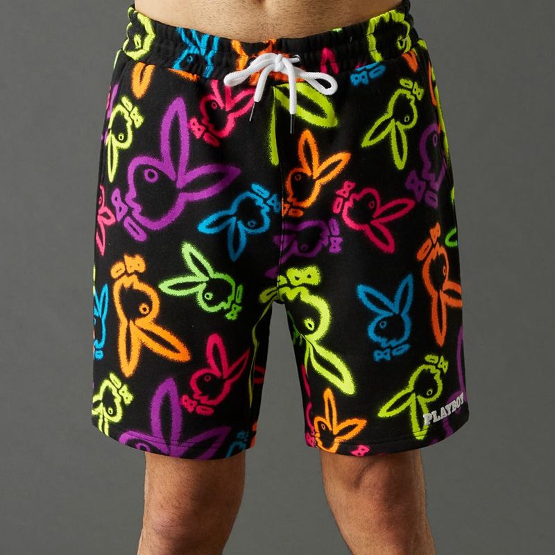 Pantaloni Scurti Barbati Playboy Neon Bunny Print Albi | OLAE-01693