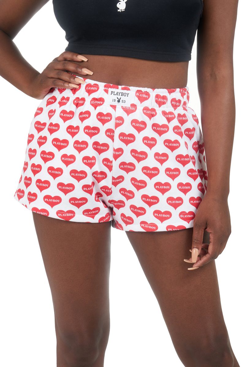 Pantaloni Scurti Dama Playboy Heart Lounge Boxers Rosii Albi | KSXQ-59681