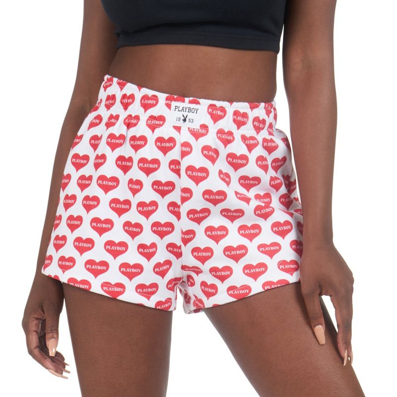 Pantaloni Scurti Dama Playboy Heart Lounge Boxers Rosii Albi | KSXQ-59681