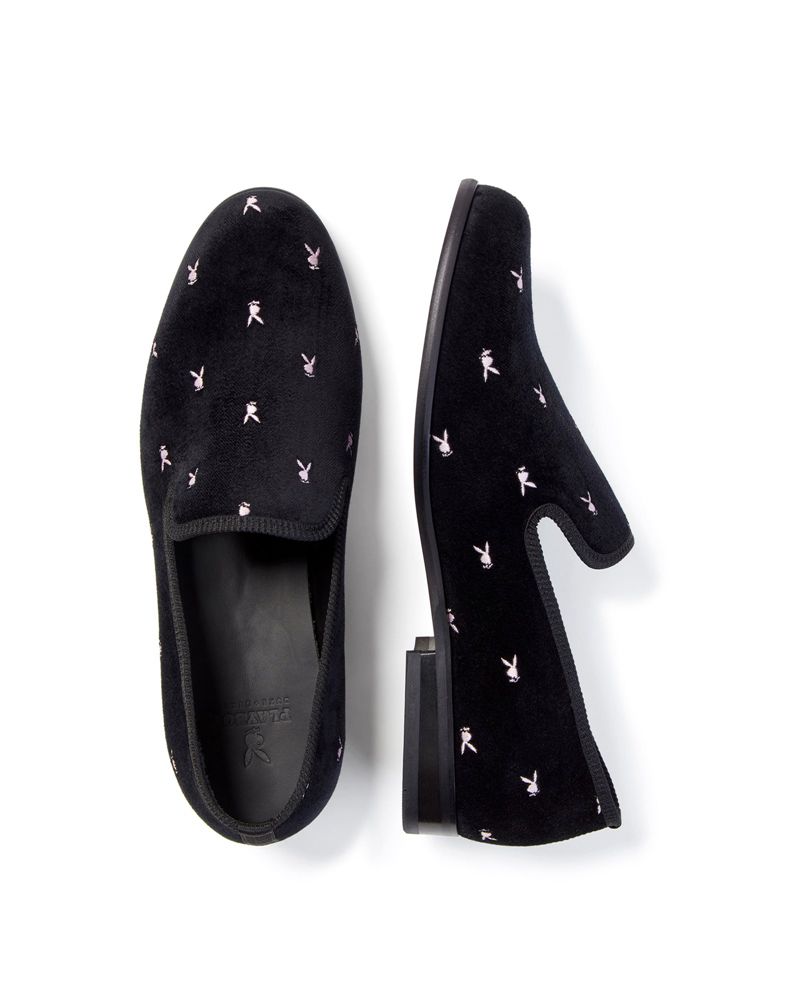 Pantofi Barbati Playboy Duke + Dexter Velvet Mini Rabbit Head Loafers Negrii Albi | WBOC-39742