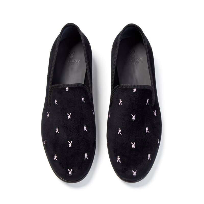 Pantofi Barbati Playboy Duke + Dexter Velvet Mini Rabbit Head Loafers Negrii Albi | WBOC-39742