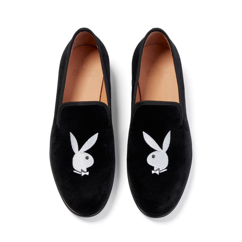 Pantofi Barbati Playboy Duke + Dexter Velvet Bunny Loafers Negrii Albi | YIUW-25940