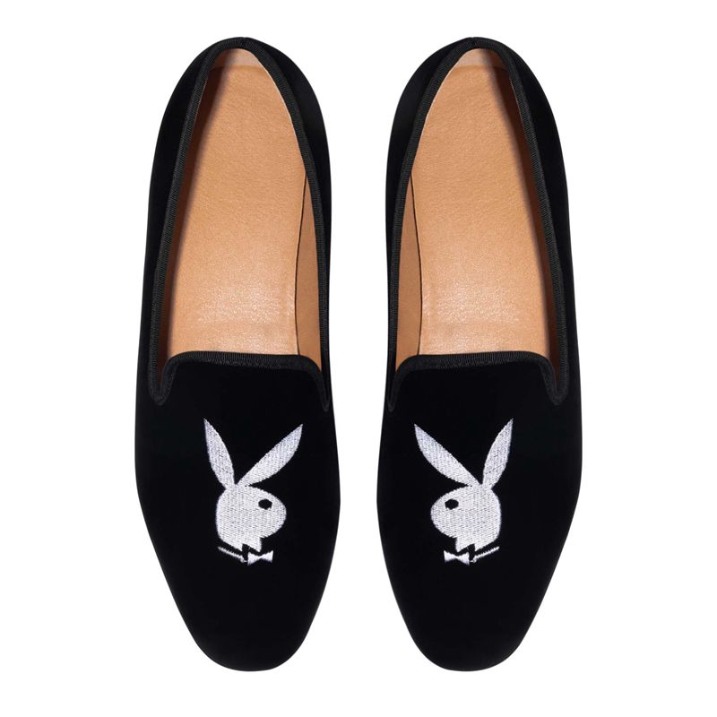 Pantofi Barbati Playboy Rabbit Head Loafers Negrii Albi | UKSF-38250