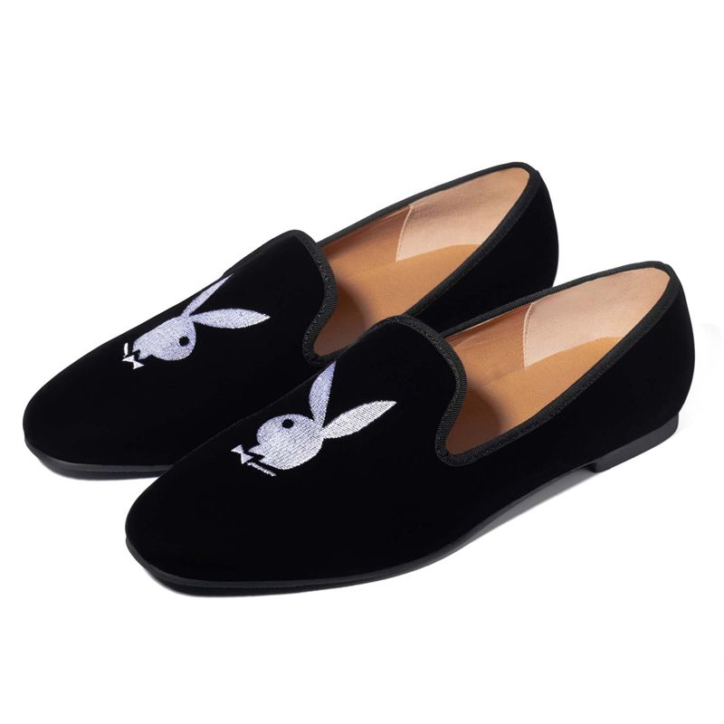 Pantofi Barbati Playboy Rabbit Head Loafers Negrii Albi | UKSF-38250