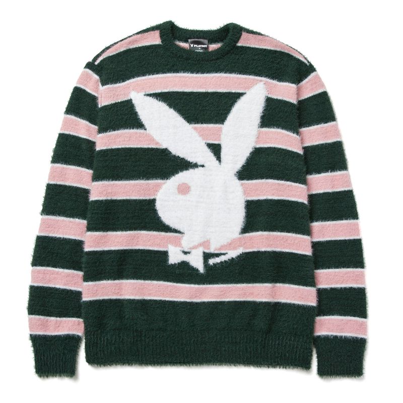 Pulovere Barbati Playboy X Huf Faux Mohair Striped Negrii Roz Albi | EIKB-39085