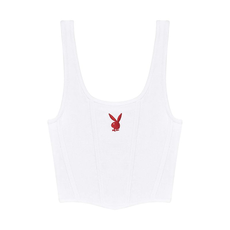 Tank Dama Playboy White Corset Ribbed Albi | CIEL-61804