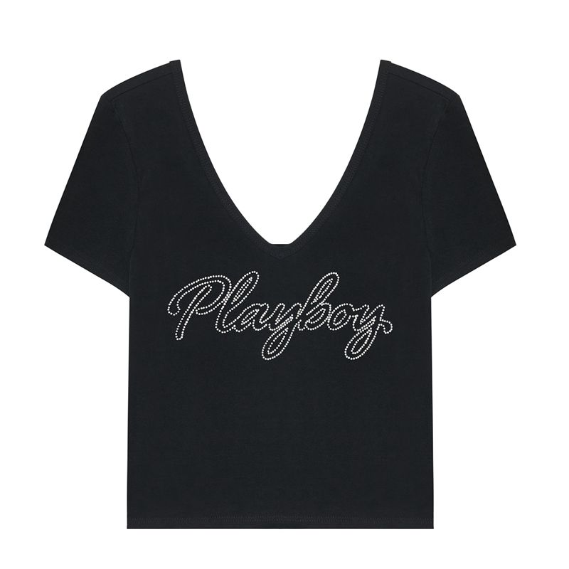 Tricouri Dama Playboy Crystal V-Neck Gri Inchis | EBAT-72684