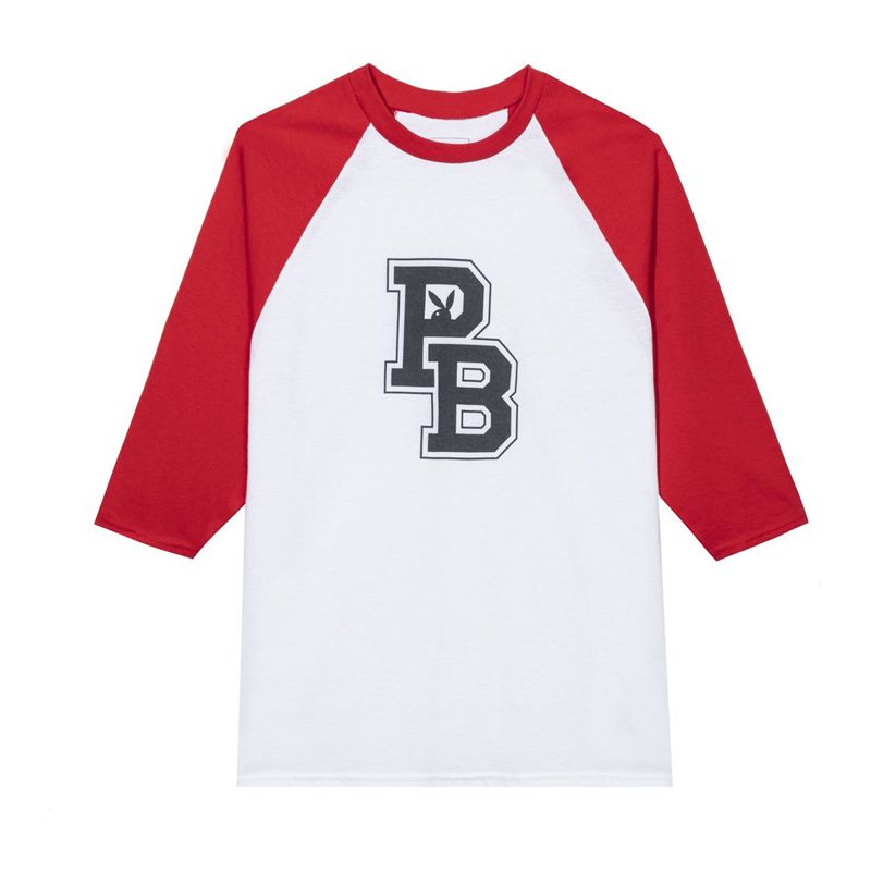 Tricouri Dama Playboy Varsity Litere Raglan Albi Rosii | RPGM-43065