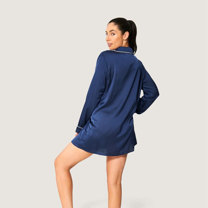 Îmbrăcăminte De Lounge Dama Playboy Lounge Satin Pajama Rochie Bleumarin | IMGY-96713