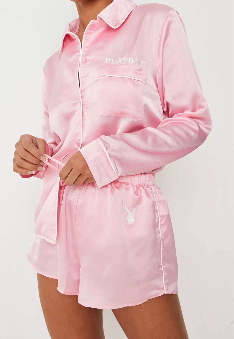 Îmbrăcăminte De Lounge Dama Playboy Satin Pajama Set Roz | JPRK-21793