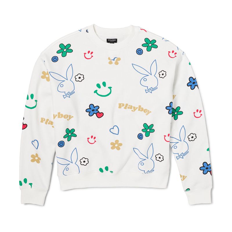 Hanorac Cu Gluga Dama Playboy Doodle Crew Neck Albi Colorati | XMCW-03127