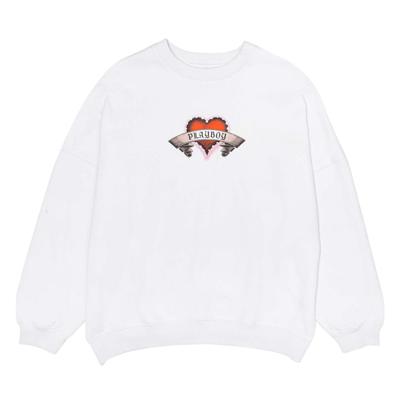 Hanorac Cu Gluga Dama Playboy Heartbreaker Crewneck Albi | PWSF-13289