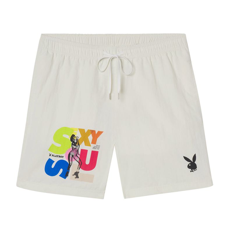 Pantaloni Scurti Barbati Playboy Soul Nailon Albi | KATI-34687