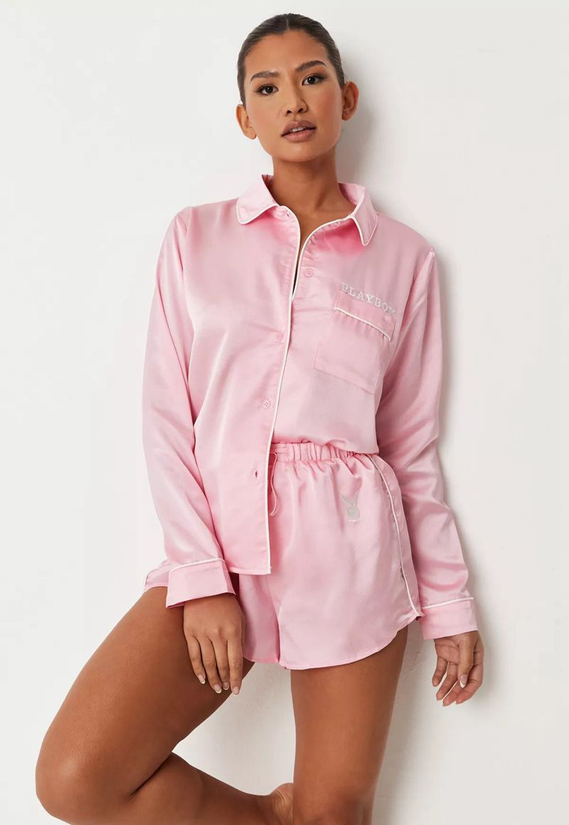 Îmbrăcăminte De Lounge Dama Playboy Satin Pajama Set Roz | JPRK-21793